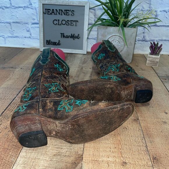 Corral Womens Whiskey Turquoise Blue Cross Brown Embroidered Western Boots - Picture 9 of 16